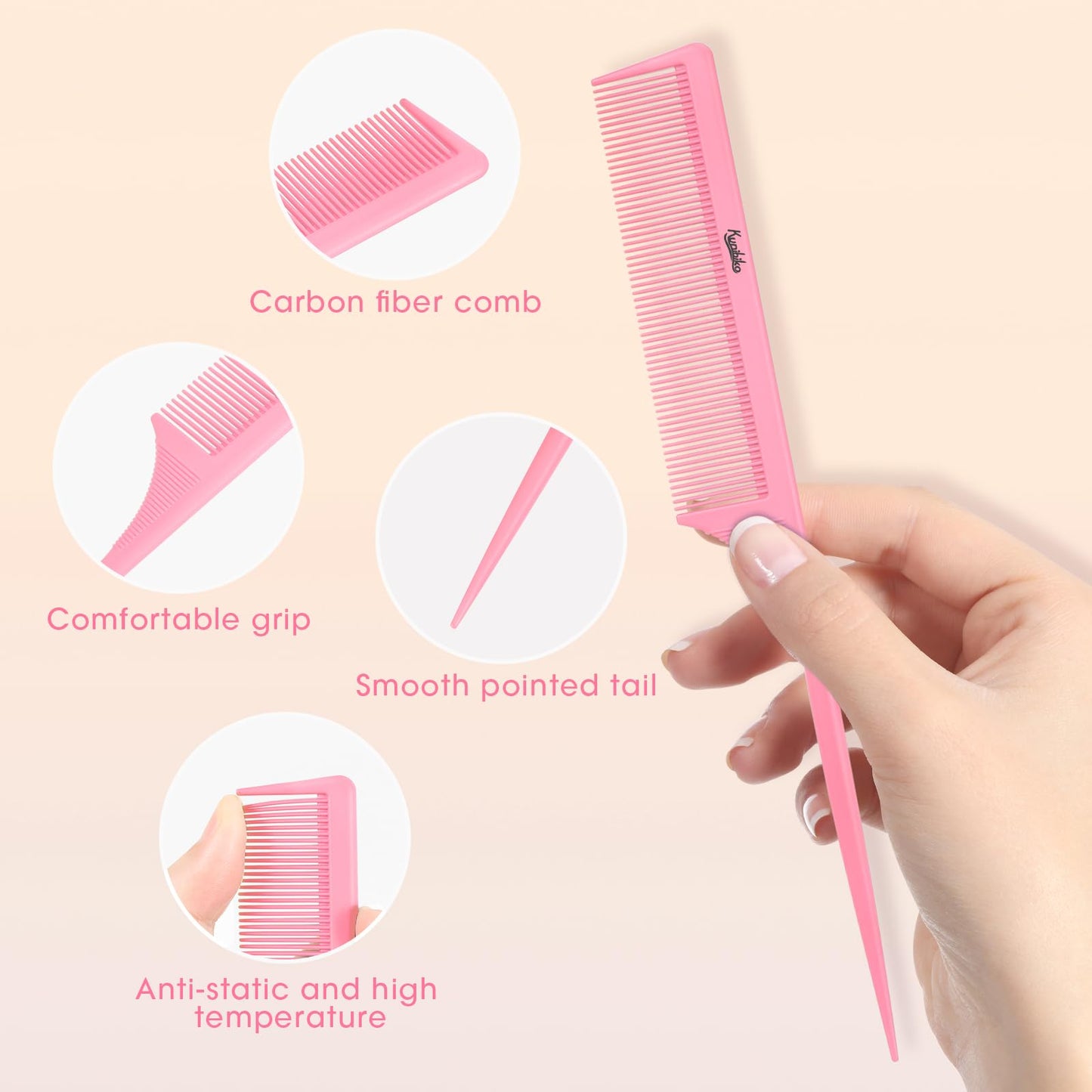 Rat Tail Comb 2Pcs Carbon Fiber Root Teasing Anti Static Tail Comb for Women, Fine Tooth Parting Tip, Hair Comb for Styling (White, Pink) Beauty and Personal Care Kunihiko