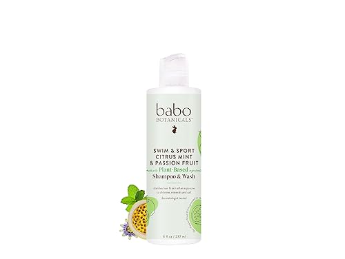 Babo Botanicals Swim & Sport Citrus Mint & Passion Fruit Shampoo & Wash - Purifying Cleanser for hair & body- Aloe & Green Tea - For all ages - Citrus