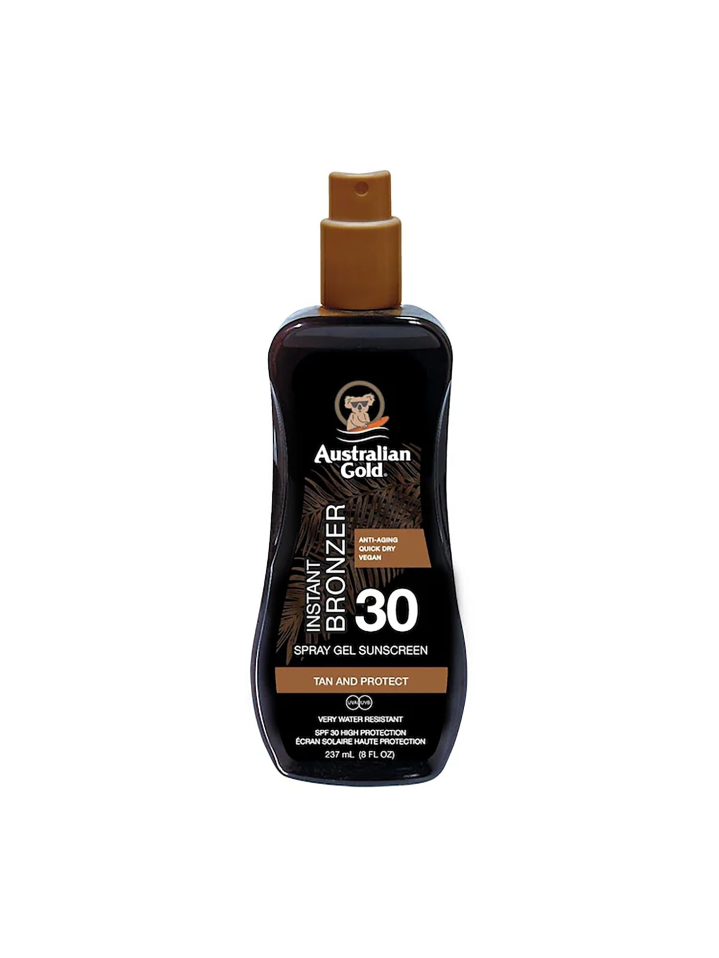 Australian Gold Spray Gel Sunscreen with Instant Bronzer, Moisturize & Hydrate Skin, Broad Spectrum, Water Resistant, SPF 30, 8 Ounce