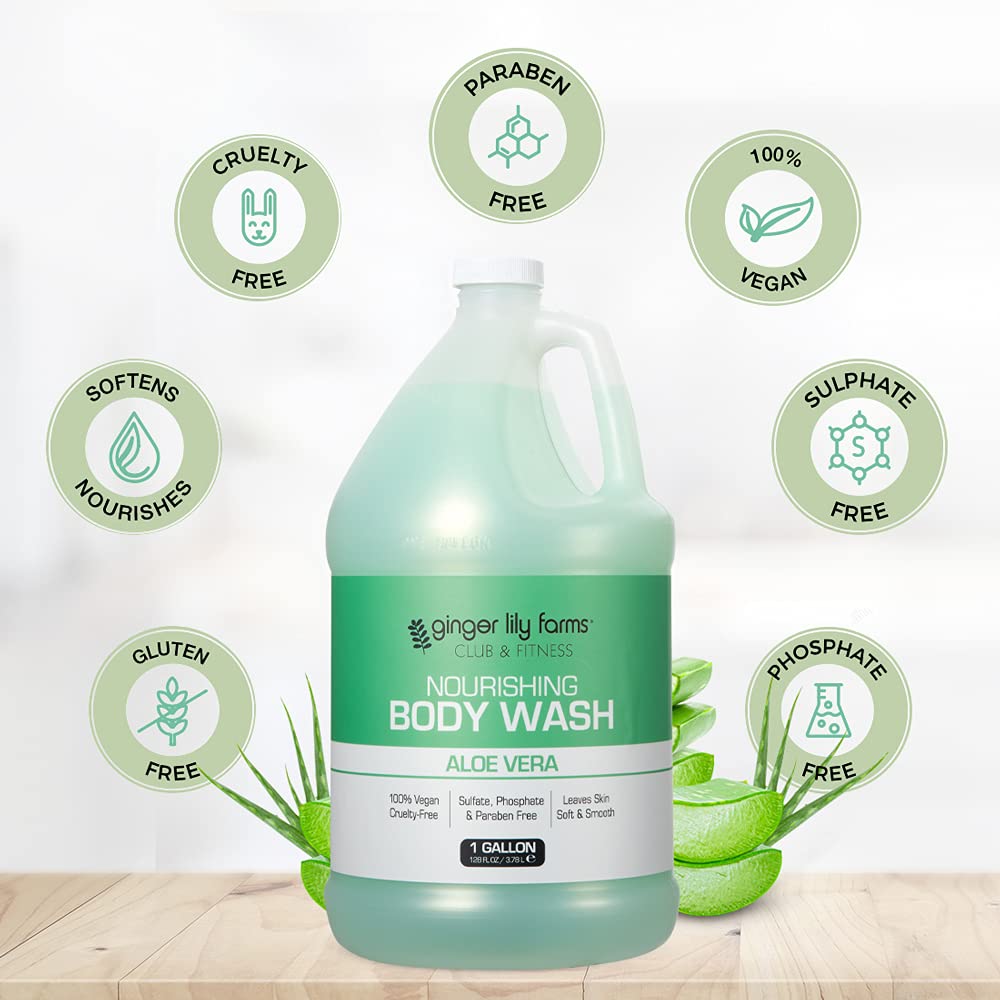 Ginger Lily Farms Club & Fitness Nourishing Body Wash, 100% Vegan & Cruelty-Free, Bath & Shower Gel for Men and Women, Aloe Vera Scent, 1 Gallon (128