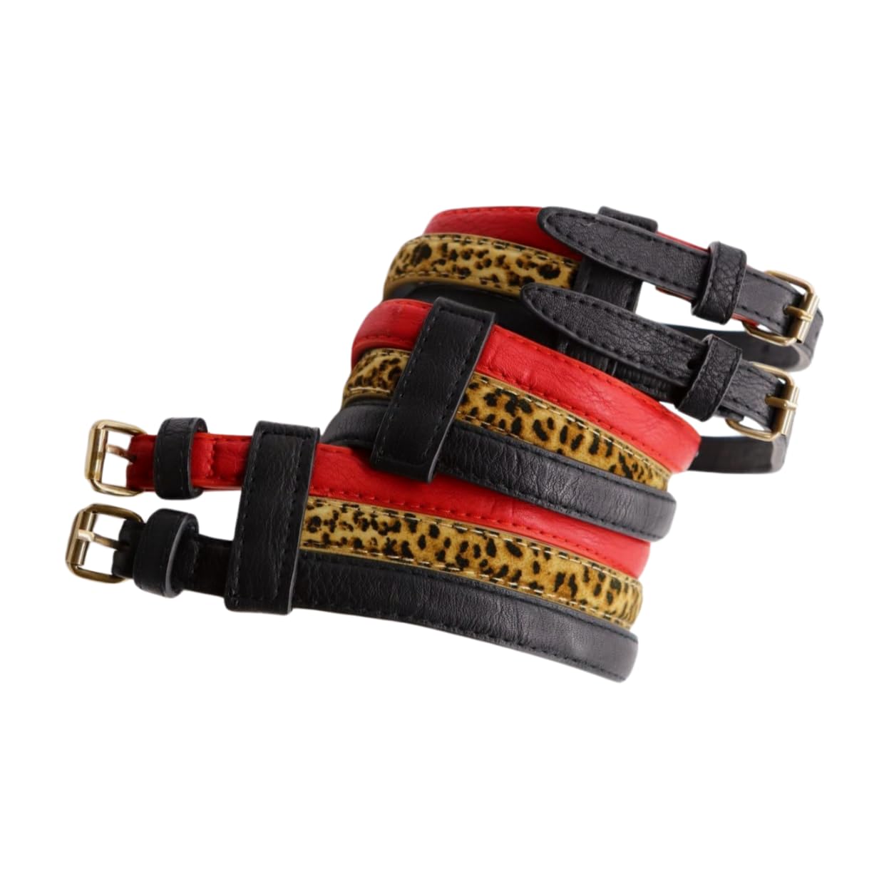 Women 3 Skinny Connected Fashion Belt Hip Waist Black Red Leopard Gold Double Buckles S M z194