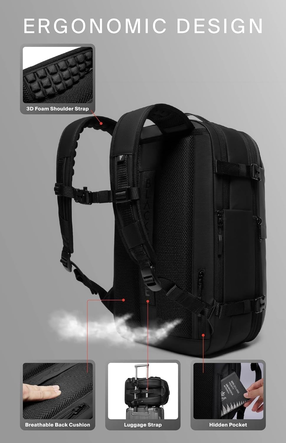 BlackVoyage Vortex Vacuum Seal Travel Backpack 60L Expandable Air Compression System Water Resistant TSA Lock Carry-On Suitcase Luggage Gray AERO OG - Air Pump Included