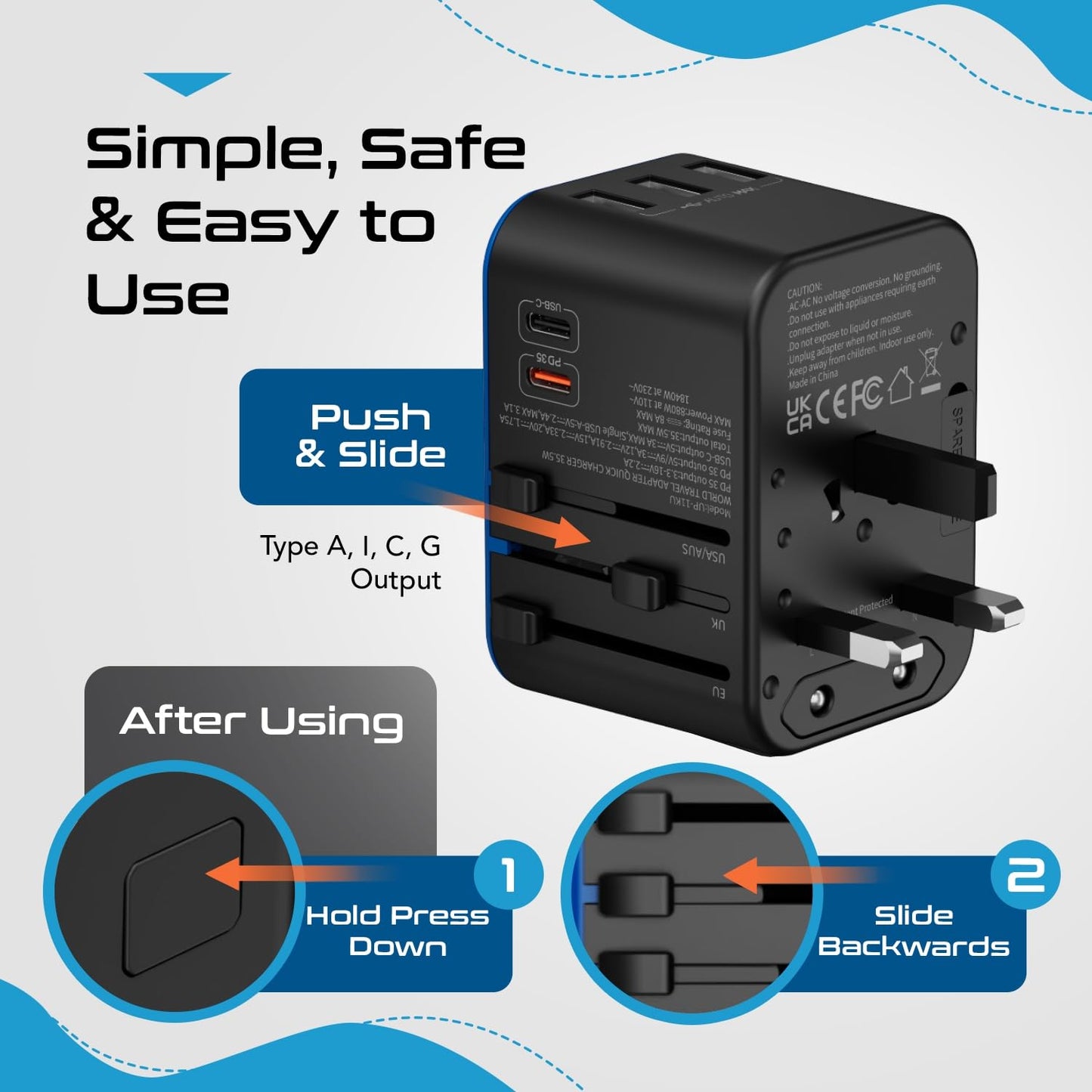 Ceptics 35W Universal Travel Adapter – PD & QC 3.0, Dual USB-C, 3 USB Ports, Worldwide Plug for EU/US/UK/AU – Model 11-KU