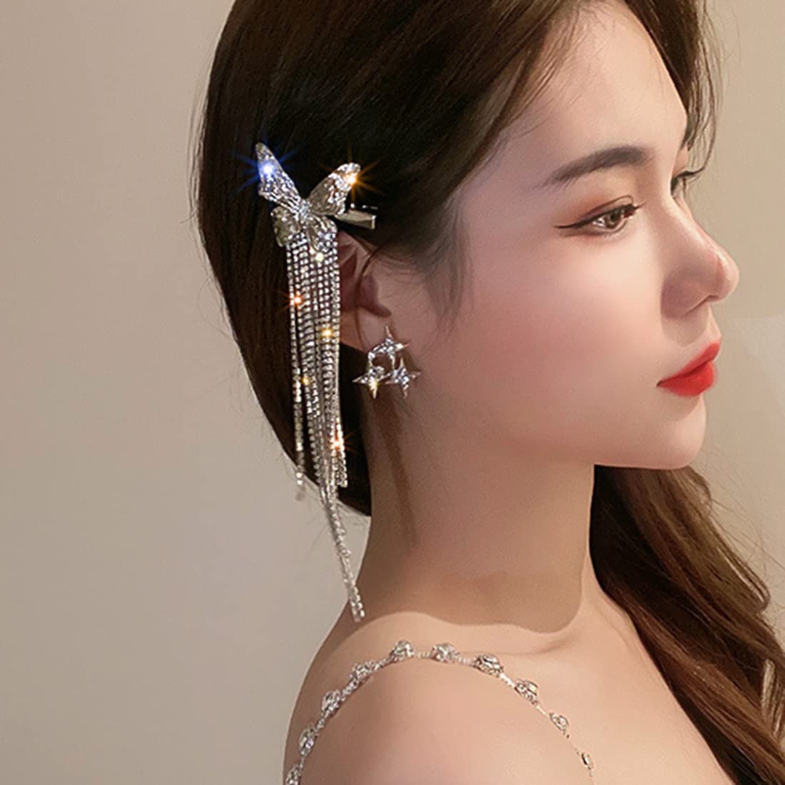 Wekicici Butterfly Rhinestone Tassel Clips Rhinestone Hair Clips Butterfly Tassel Hair Accessories for Women and Girls, silver