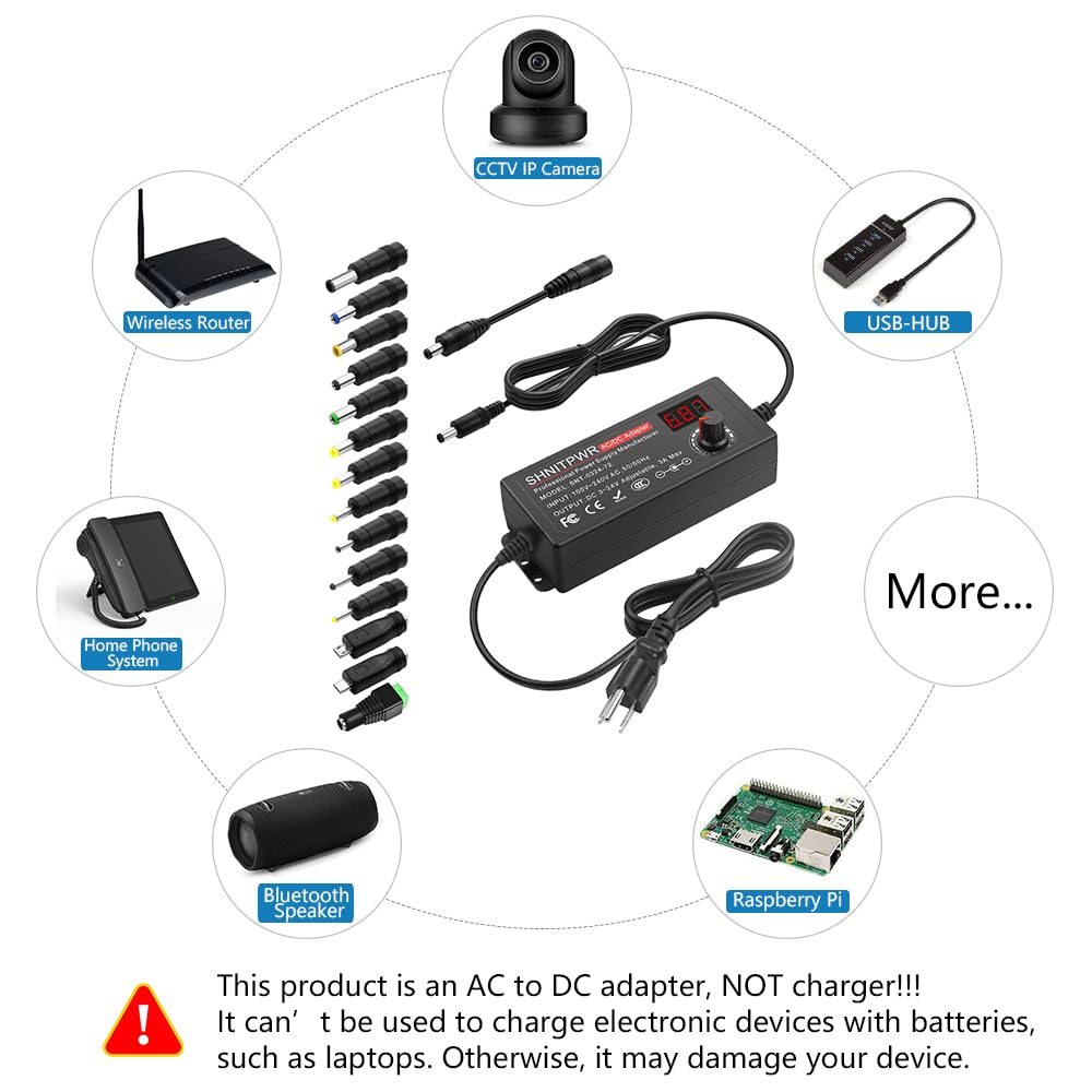 SHNITPWR 72W Adjustable Power Supply โ 3V-24V 3A Universal AC/DC Adapter 100-240V to DC Converter with 14 Tips for Multiple Devices