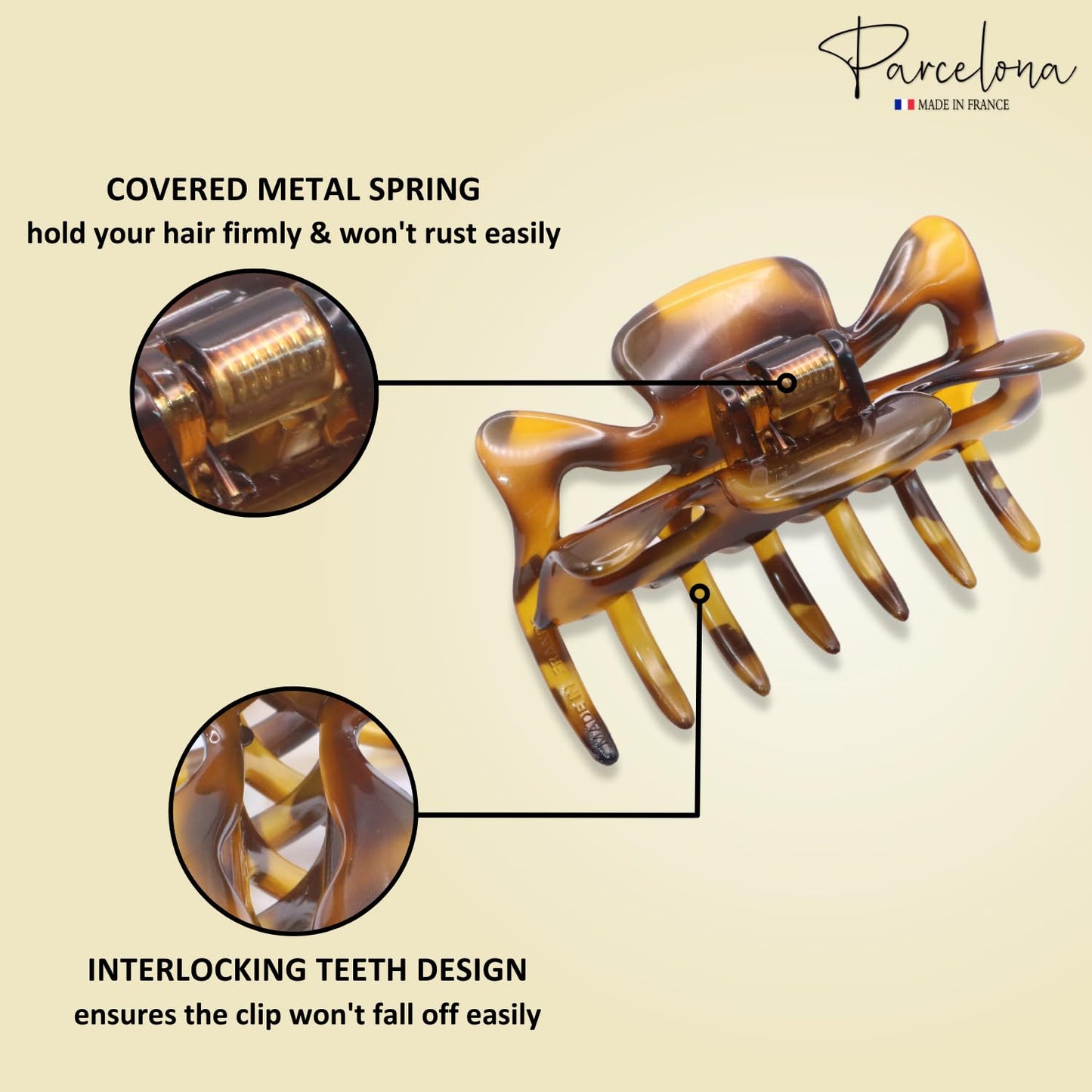 Parcelona French Classic Medium 3" Celluloid No Slip Grip Covered Spring Jaw Hair Claw Durable Styling Hair Accessories Women Strong Hold Girls Hair