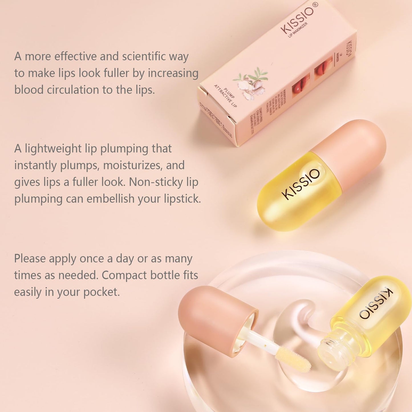 KISSIO Lip Plumper,Natural Lip Plumper for Day Use,Plumping Gloss Make Lips Fuller and Moisturizing 5.5ml,Lips Mask,Hydrating & Reduce Fine