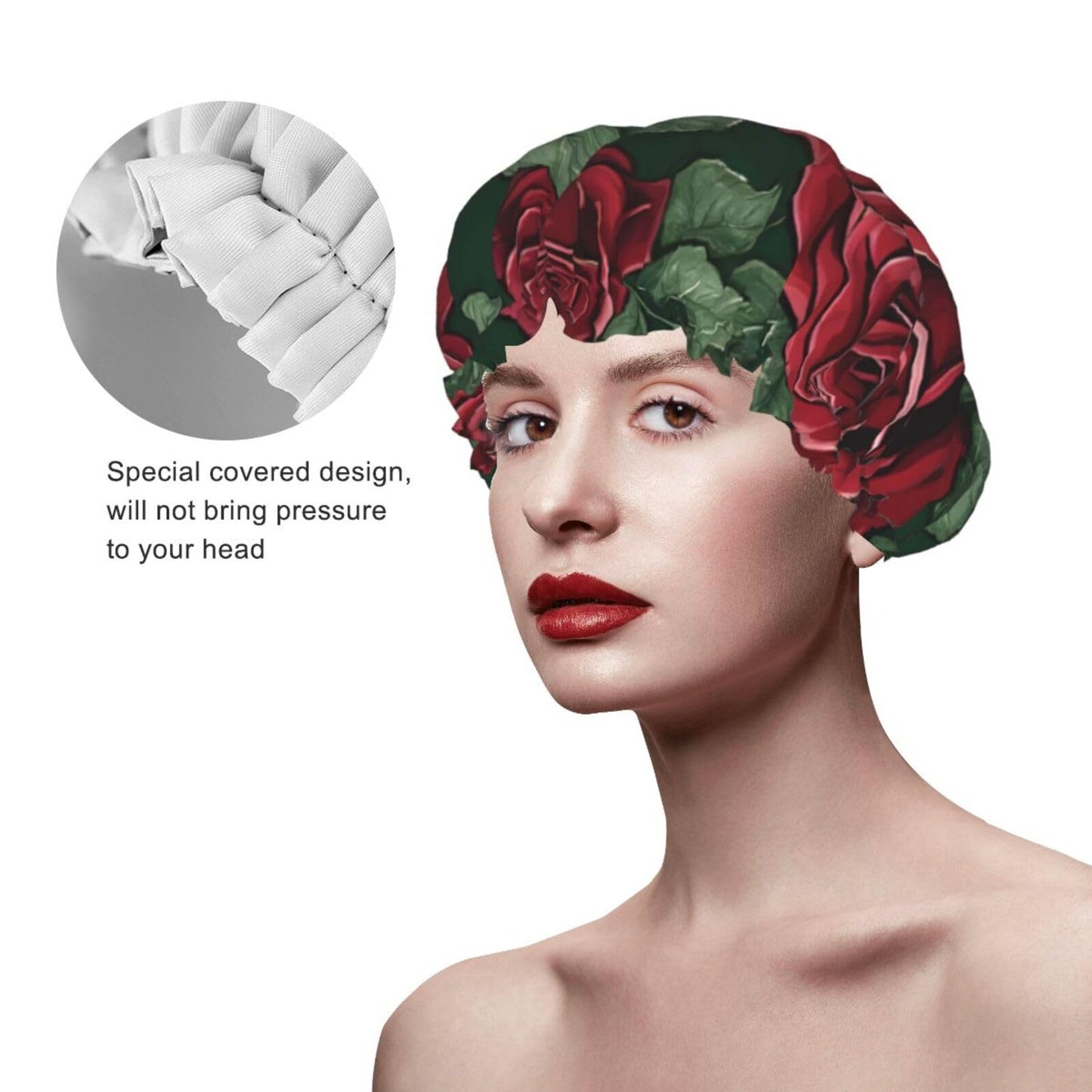 Red Rose Printed Double Layer Lined Shower Cap,Shower Caps For Women Reusable Beauty and Personal Care BEIVGOXL