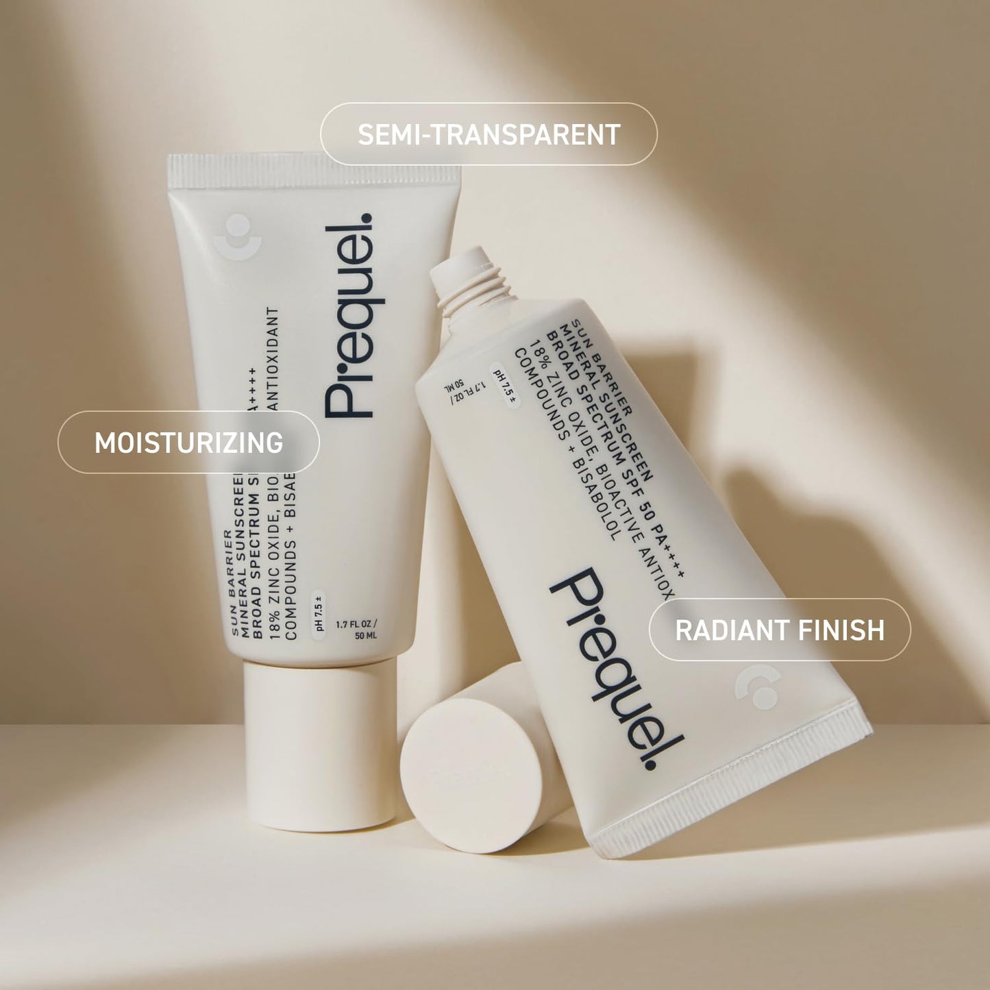 Prequel Skin Sun Barrier Mineral Sunscreen SPF 50. PA++++ Broad Spectrum Zinc Oxide Sunblock with Semi-Transparent Lightweight Texture. Moisturizing