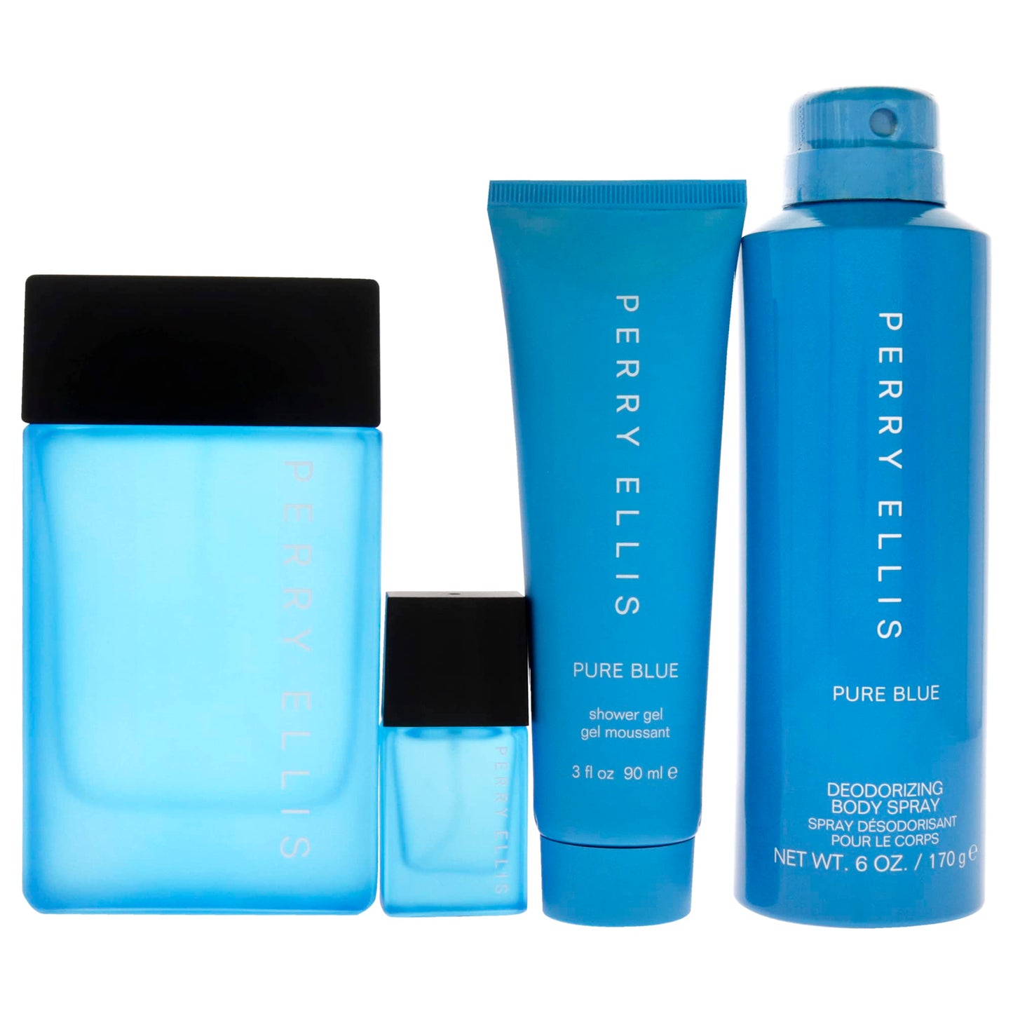 Perry Ellis Perry Ellis Pure Blue 3.4oz EDT Spray, 3oz Shower Gel, 6oz Deodorant Body Spray, 7.5ml Travel EDT Spray Men 4 Pc Gift Set