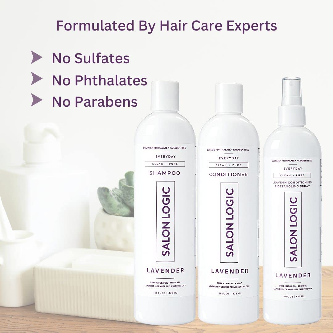 SalonLogic Everyday Clean & Pure Shampoo, Conditioner, and Spray Set, Lavender - Salon Quality, Keratin treatment, Naturally Scented, Hydrating