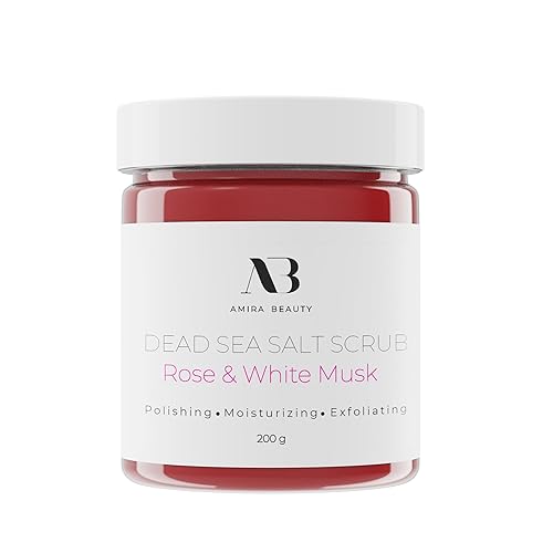 Amira Beauty Dead Sea Salt Body Scrub | Foaming Shower Scrub with Organic Essential Oils | Exfoliates and Moisturizes Skin | 7 OZ (Rose & White Musk)
