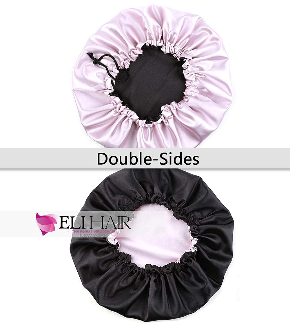 ELIHAIR Stain Bonnet Silky Sleep Cap Adjustable Satin Cap for Night Sleeping Hair Bonnet Reversible Double Layer Light Purple/Black