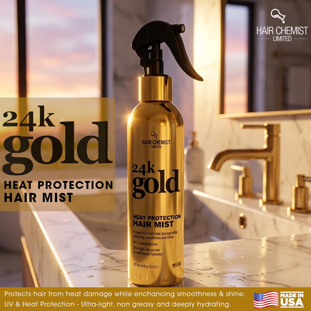 Hair Chemist 24k Gold Heat Protection Hair Mist 8 Ounce- UV & Thermal Heat Protectant Spray for Blow Drying & Flat Iron- Anti-Frizz and Shine