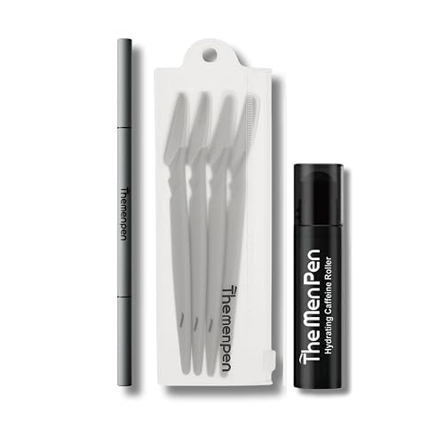 The Men Pen Refresher Kit | Eyebrow, Beard & Hair Filler + Caffeine Eye Roller + Razor 4-Pack, Waterproof, Long-Lasting, Sweat-Proof Grooming