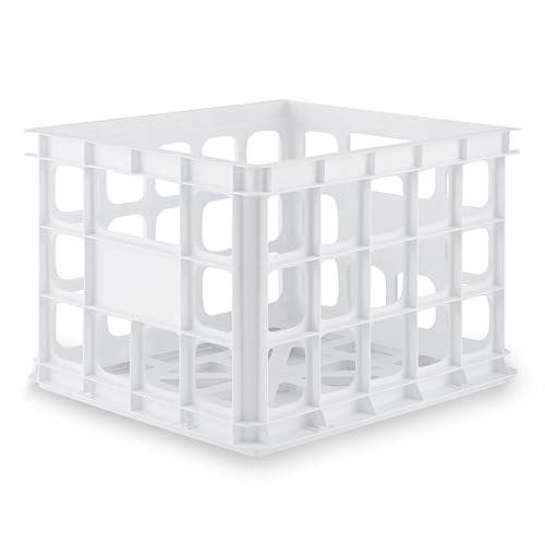 Sterilite Storage Crate, Stackable Plastic Bin Open Basket with Handles, Organize Home, Garage, Office, School, White, 1-Pack