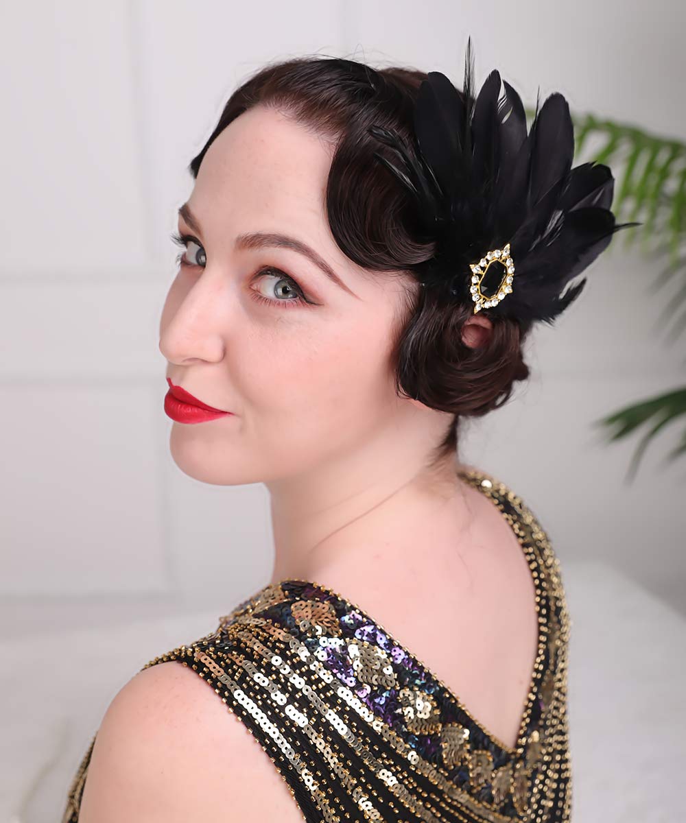 Aimimier 1920s Flapper Black Feather Headpiece Crystal Roaring 20s Feather Hair Clip Masquerade Hair Accessory for Women