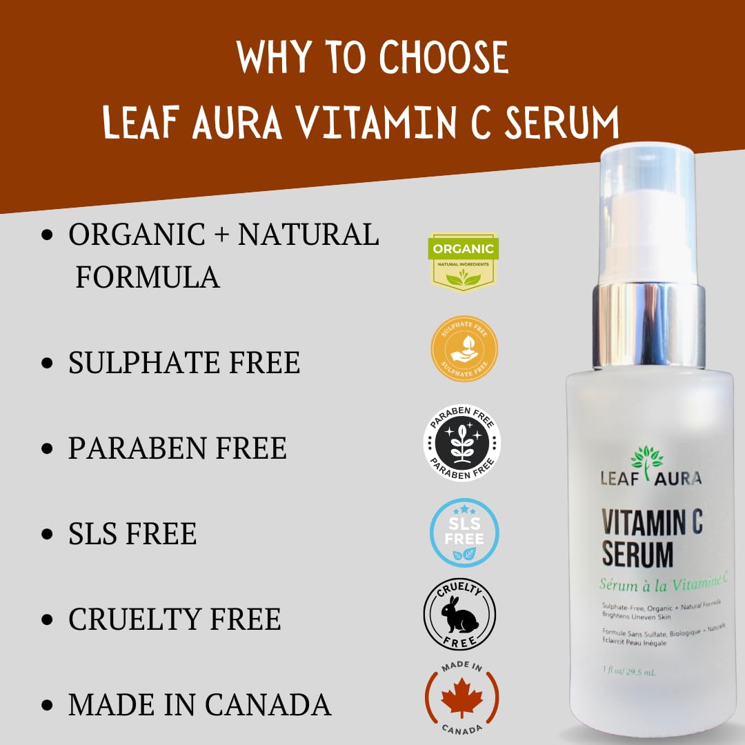 Leaf Aura Vitamin C Serum, Sulphate-Free, Organic+ Natural Formula, Brightens Uneven Skin, Made In Canada, 29.5ml