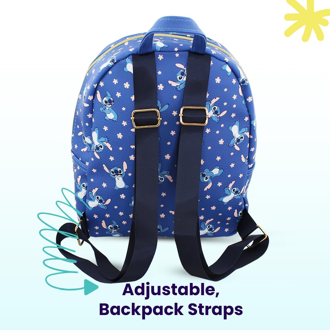 Disney Stitch with Flowers Mini PU Leather Backpack Purse with Adjustable Straps 10 In