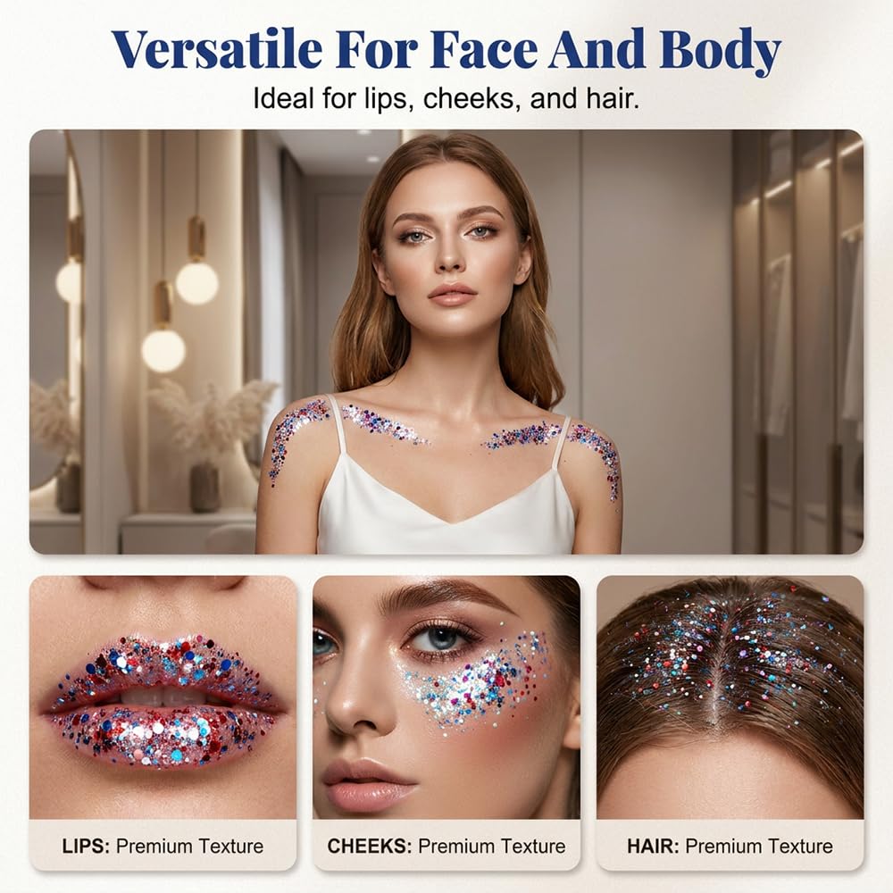 4th of July Glitter Stick, Patriotic Red White and Blue Face Hair Body Glitter Stick, 4th of July Outfits for Women Men, Sparkling Glitter Makeup