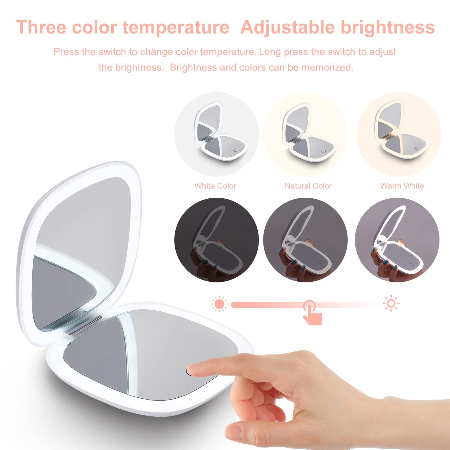 Mocado Compact LED Magnifying Travel Makeup-Mirror - 4 inches 1X/10X Magnification Small Hand Pocket Dimmable Double Sided USB Rechargeable Touch