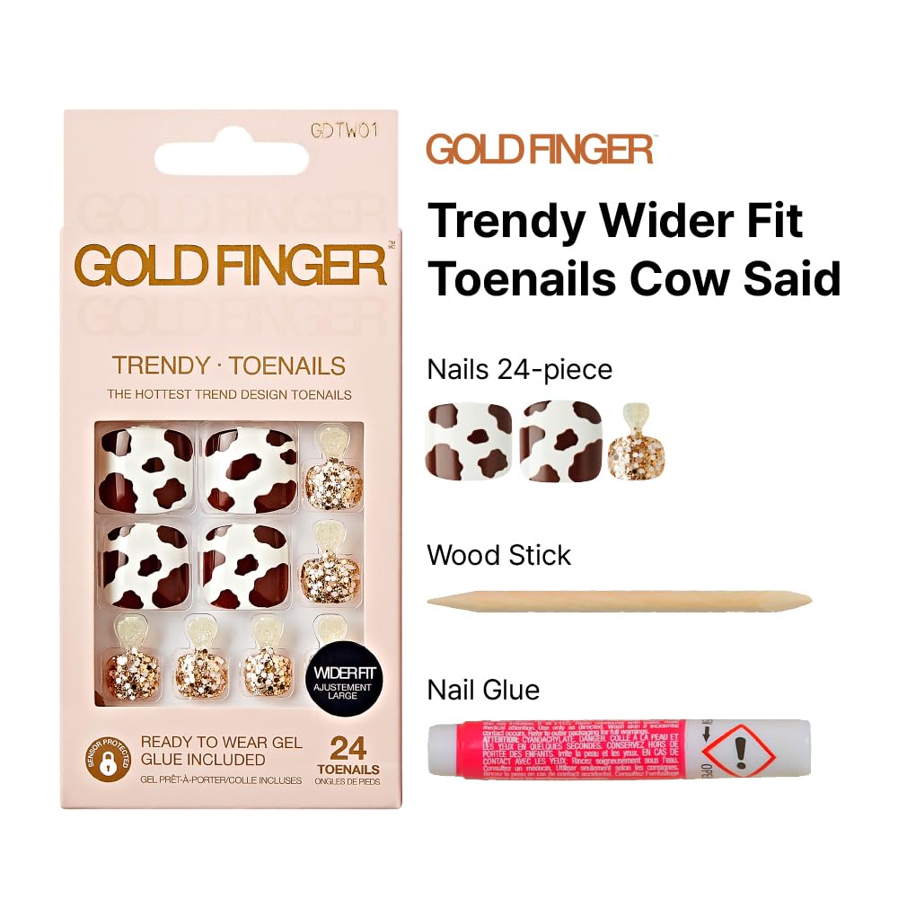 GoldFinger Trendy Press On Fake Toenail Wider Fit, Cow Animal Print & Glittering Metallic Gold Color, Ready to Wear Gel & Manicure Stick, Mini Glue Beauty & Personal Care Goldfinger