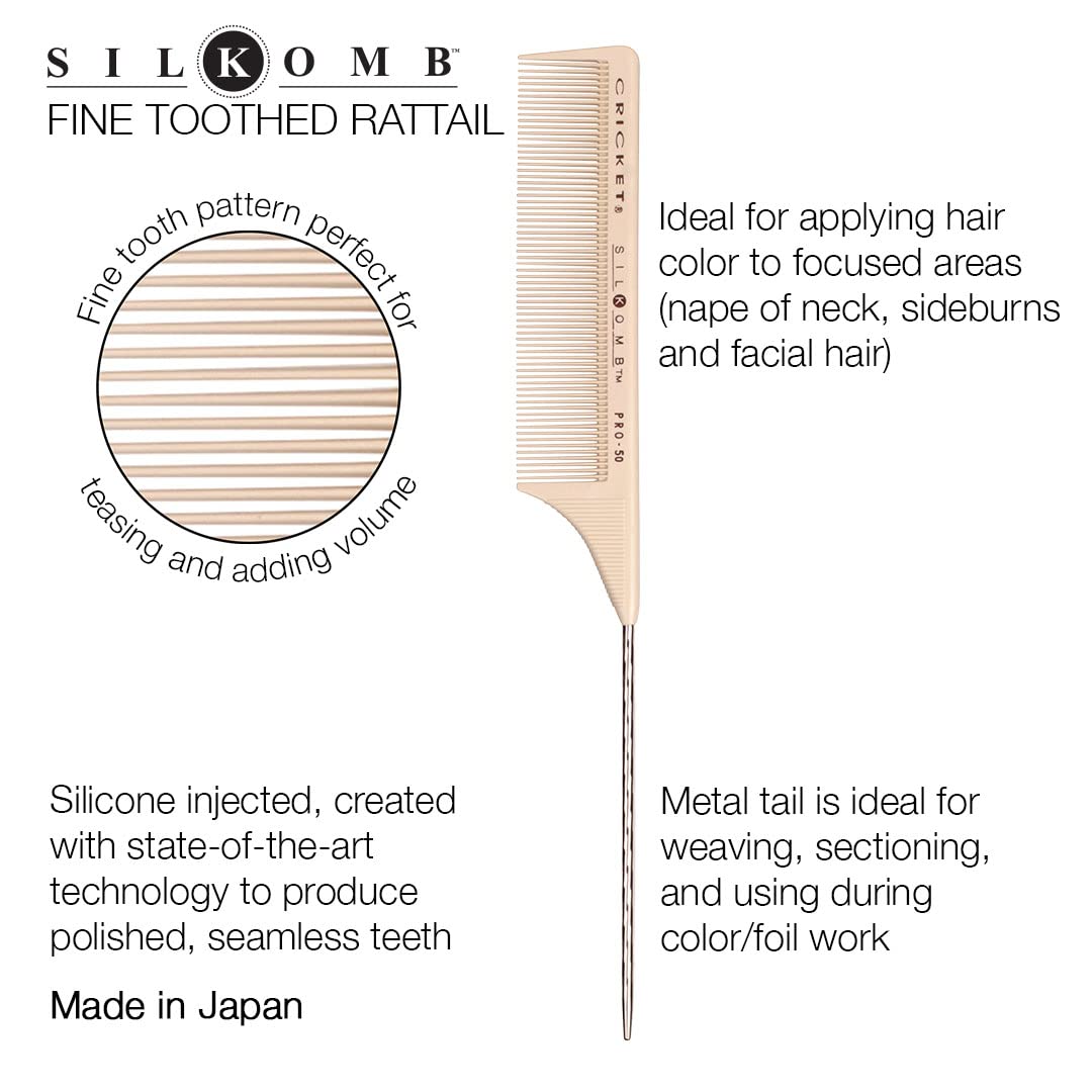 Cricket Silkomb Pro-50 Fine Tooth Rattail Comb for Hair - Precision Styling Tool with Seamless Teeth & Metal Tail for Sectioning, Weaving, and Smooth