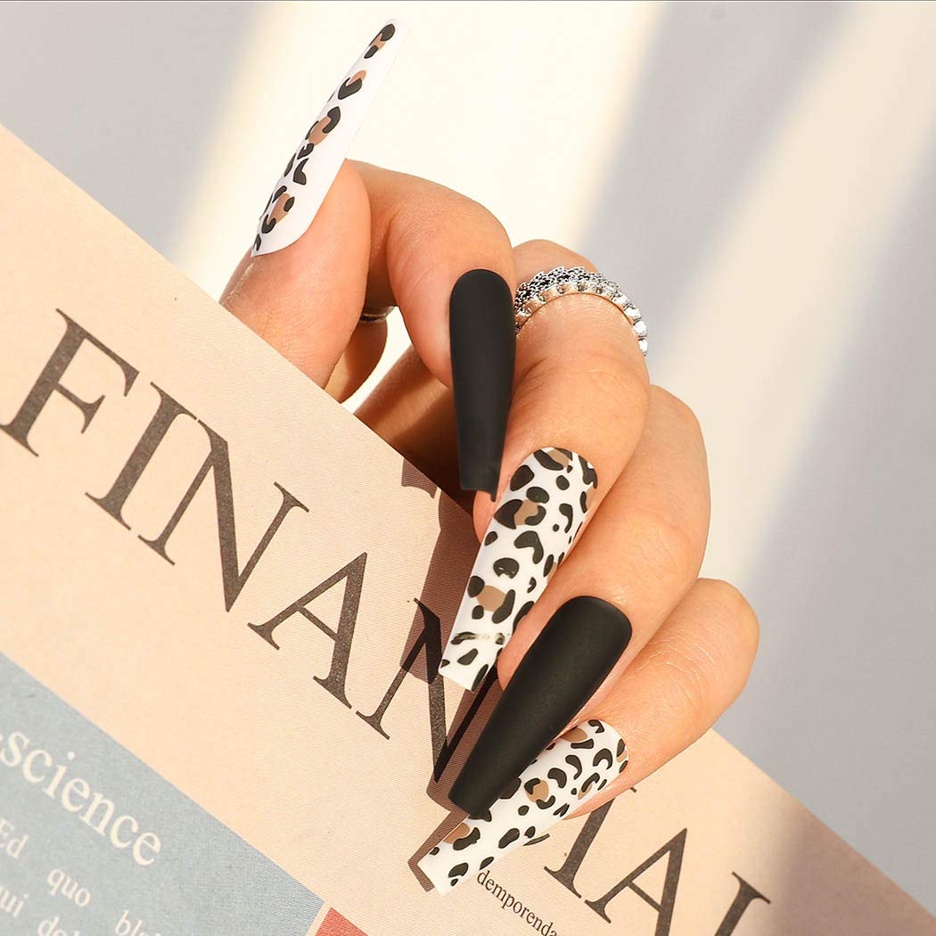 Sethexy Leopard Ballerina False Nail Matte Long Coffin Fake Nails Press on 24Pcs Acrylic Art Nail Tips For Women and Girls (Black)