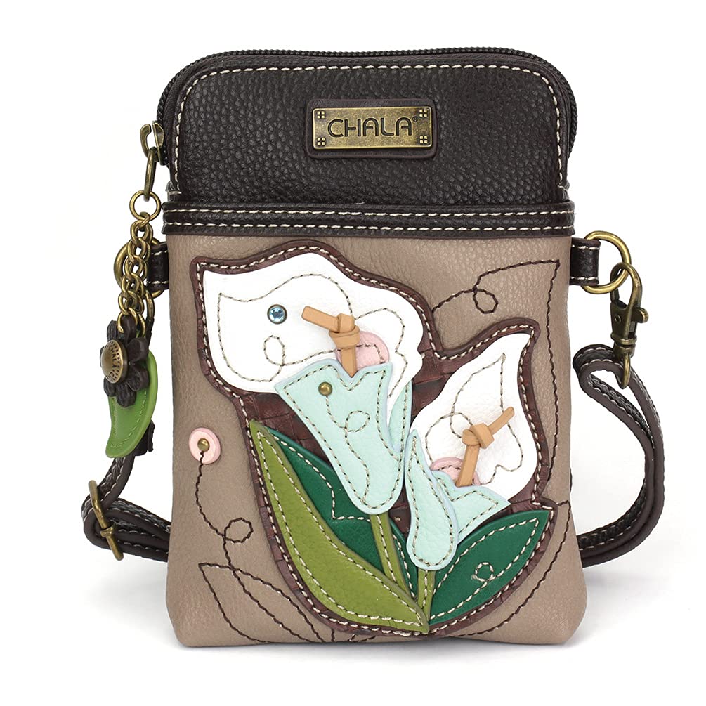 CHALA Plant Life Collection Cell Phone Crossbody Purse-Women PU Leather/Canvas Multicolor Handbag with Adjustable Strap - Calla Lily - warm gray