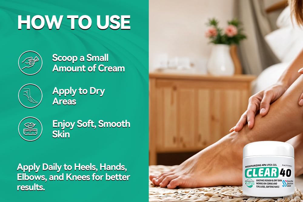 CLEAR 40, 40% Urea Gel, 4 oz w/Tea Tree & Coconut Oil, Aloe Vera Extract, Works on Calluses & Corns, Moisturizes & Softens Cracked Heels, Feet