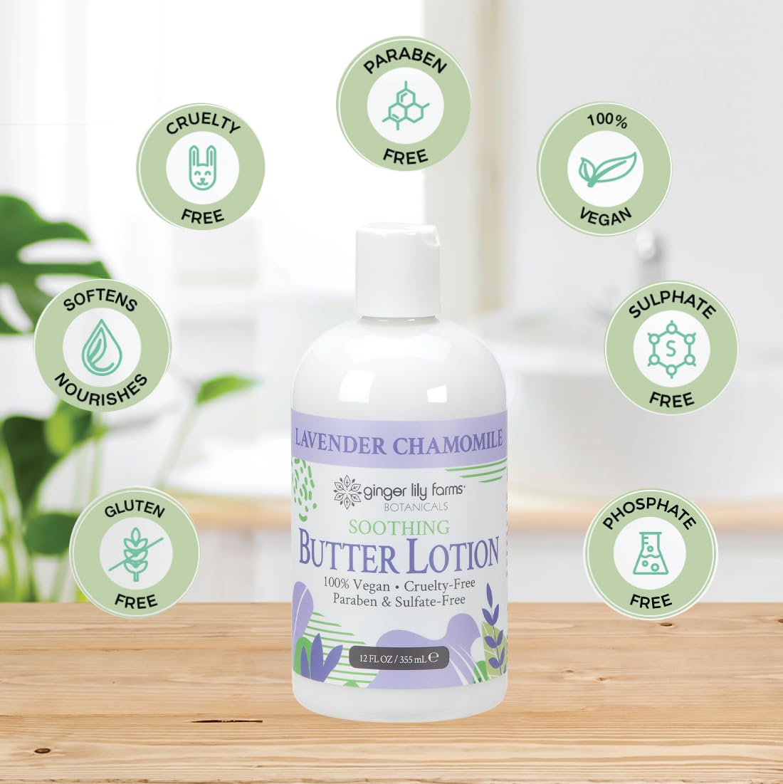 Ginger Lily Farms Botanicals Soothing Butter Lotion for Dry Skin, 100% Vegan & Cruelty-Free, Lavender Chamomile Scent, 12 Fl Oz (Pack of 6)