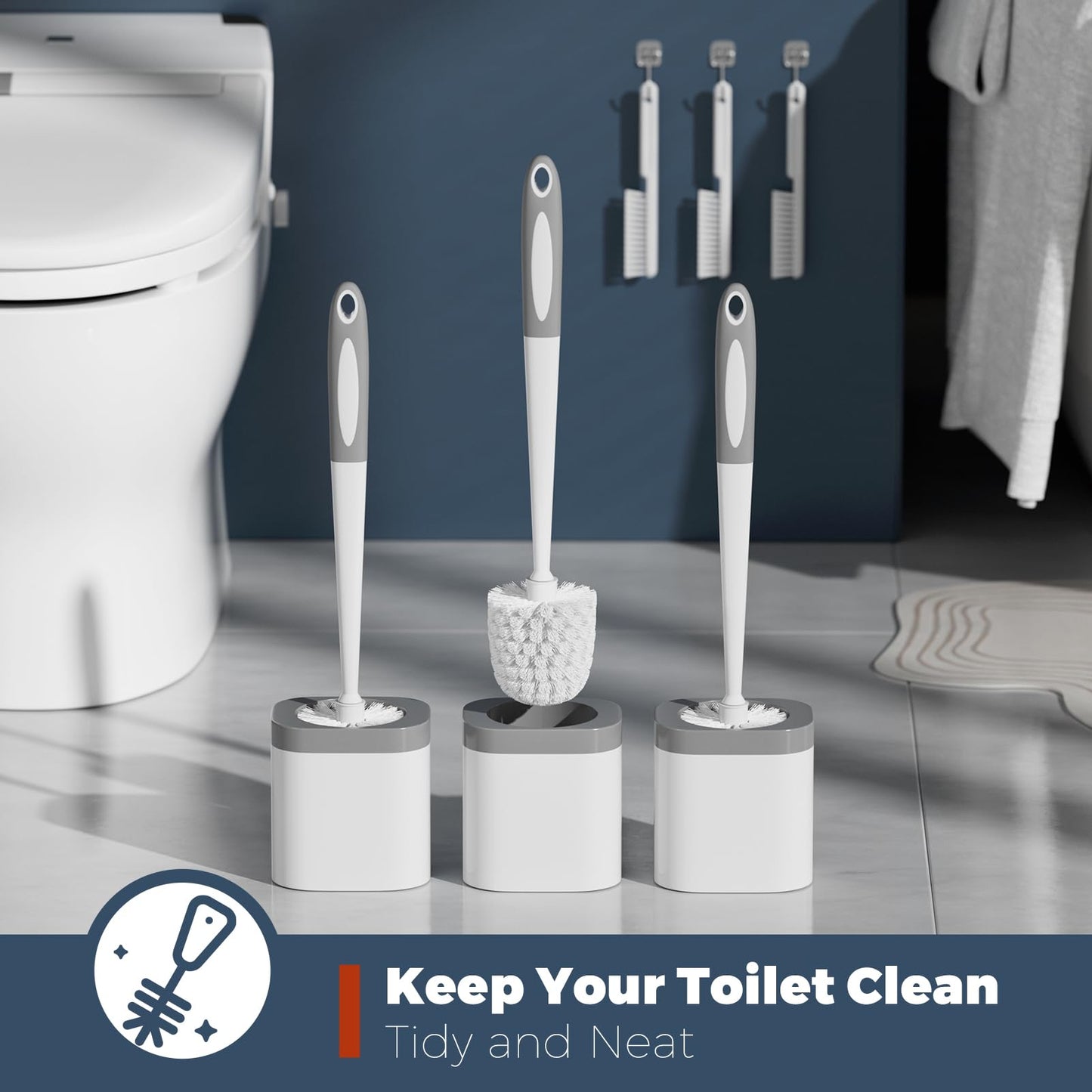Holaloha 3 Pack Toilet Brush and Holder Set – Bathroom Accessories with Crevice Brushes, Toilet Scrubber Brush (White)