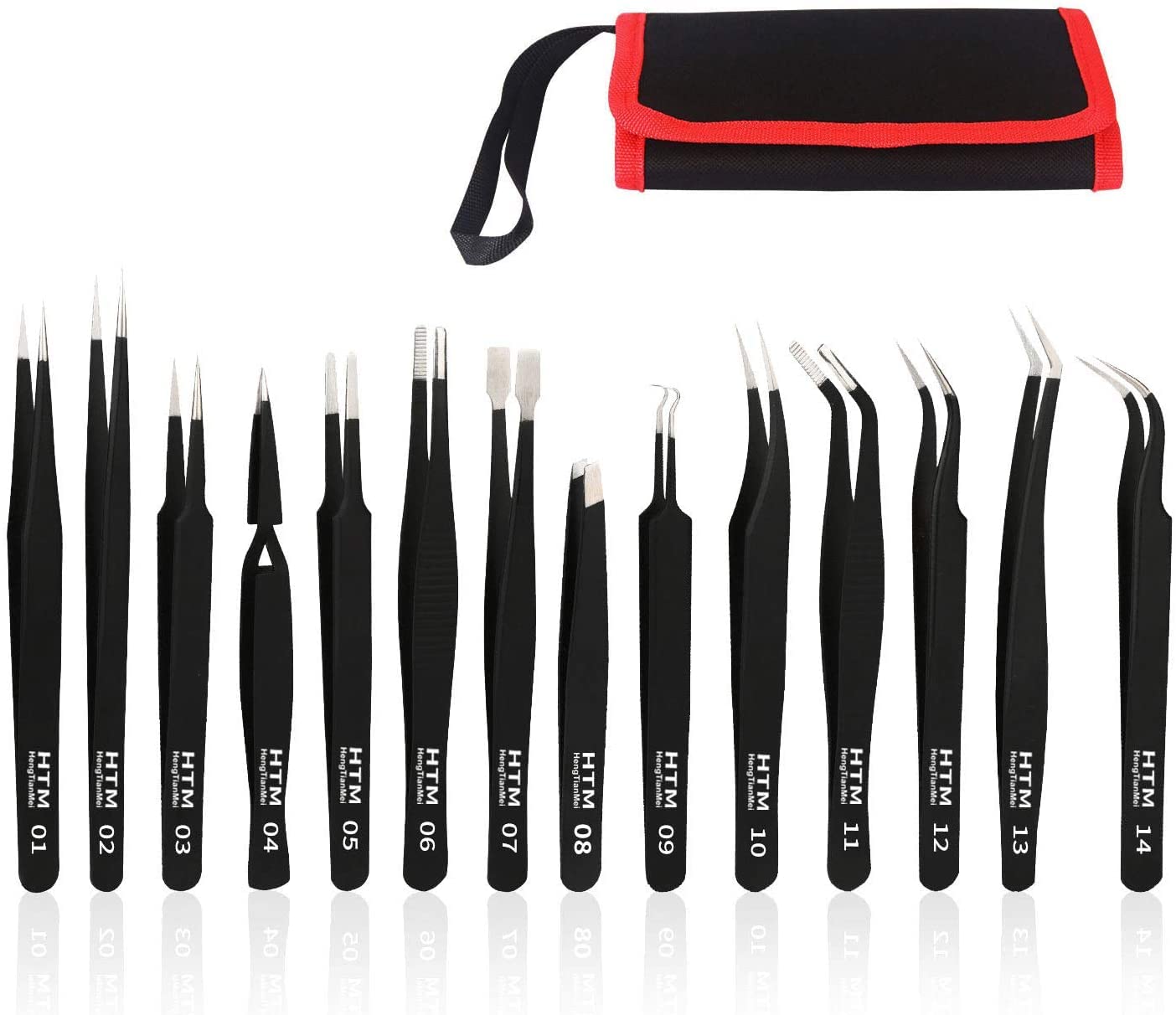 HengTianMei Precision Tweezers Set, ESD Anti-Static Stainless Steel Tweezers Set for Craft, Jewelry, Electronics, Laboratory Work (14 PCS)