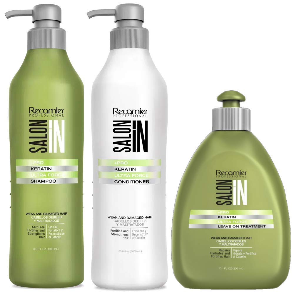 Salon In by Recamier | Keratin Ultra Force Set - Keratin Shampoo, Hair Conditioner & Leave-On Treatment (10.1 fl oz / 300 ml each) | Shampoo