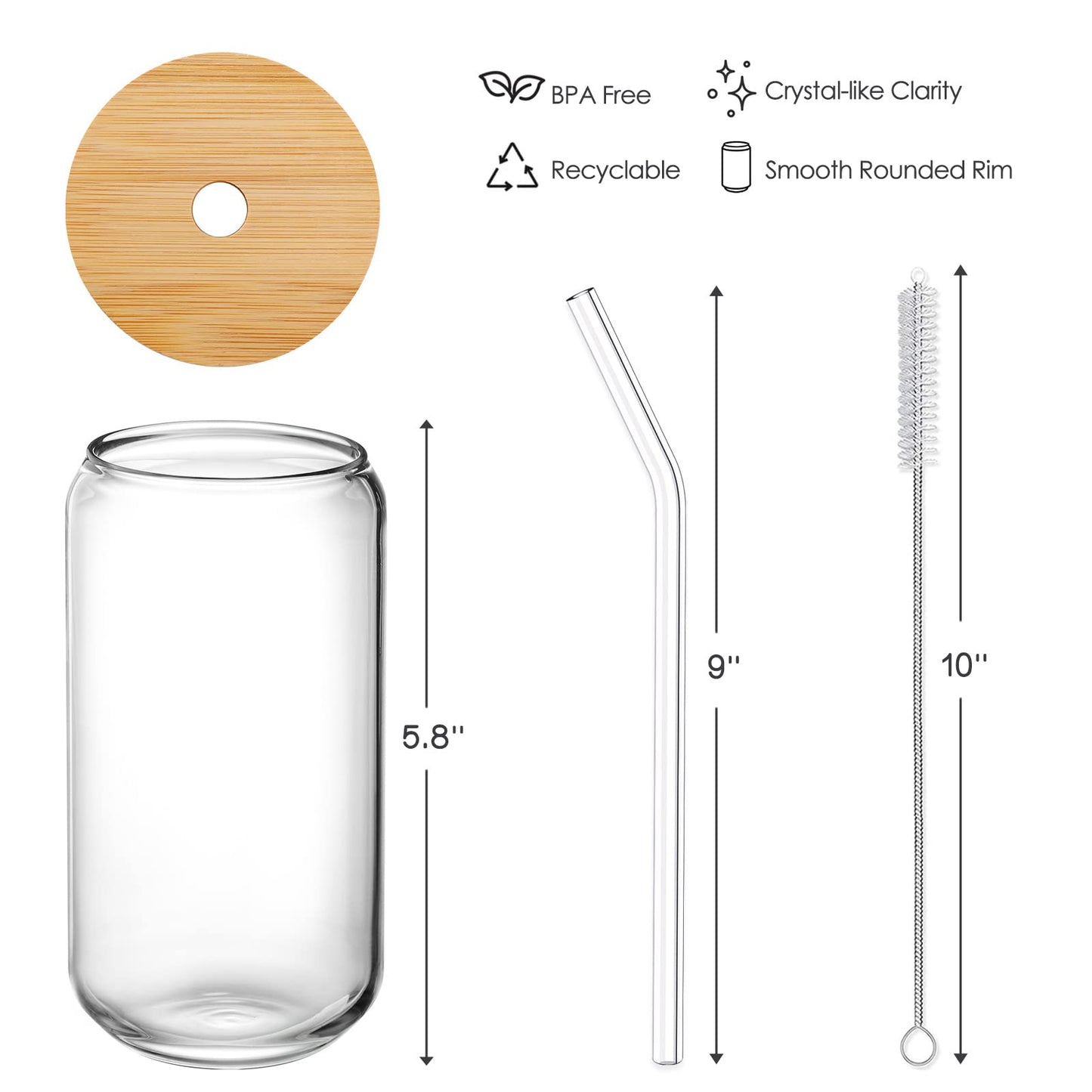 16oz Drinking Glasses Set of 4 with Bamboo Lids & Glass Straws – Iced Coffee, Tea, Beer Cups with 2 Brushes, Aesthetic Gift Idea