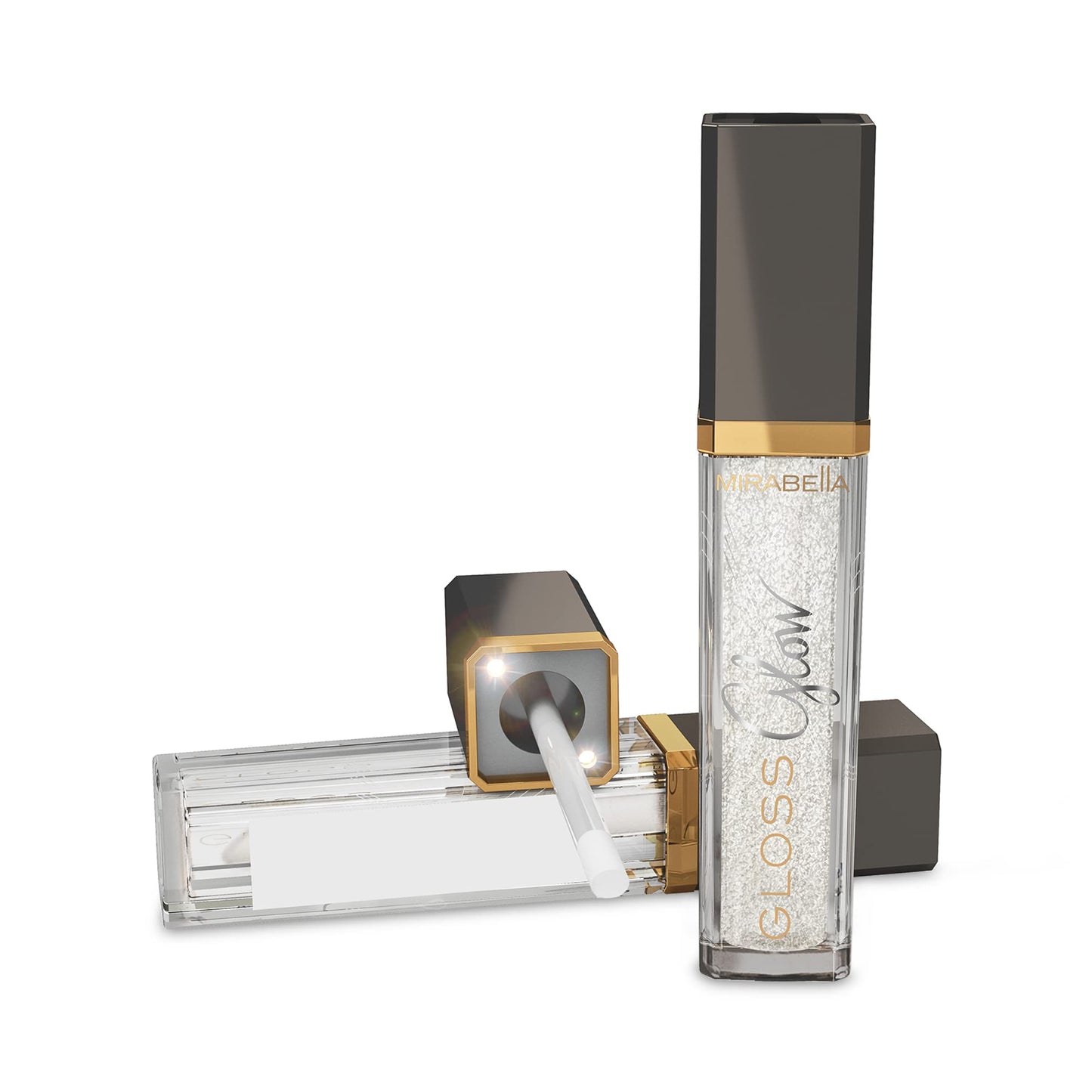 Mirabella Glow Light-Up Clear Shimmer Lip Gloss - LED Applicator with Mirror - Hydrating & Ultra-Moisturizing Formula with Jojoba Oil, Sweet Almond