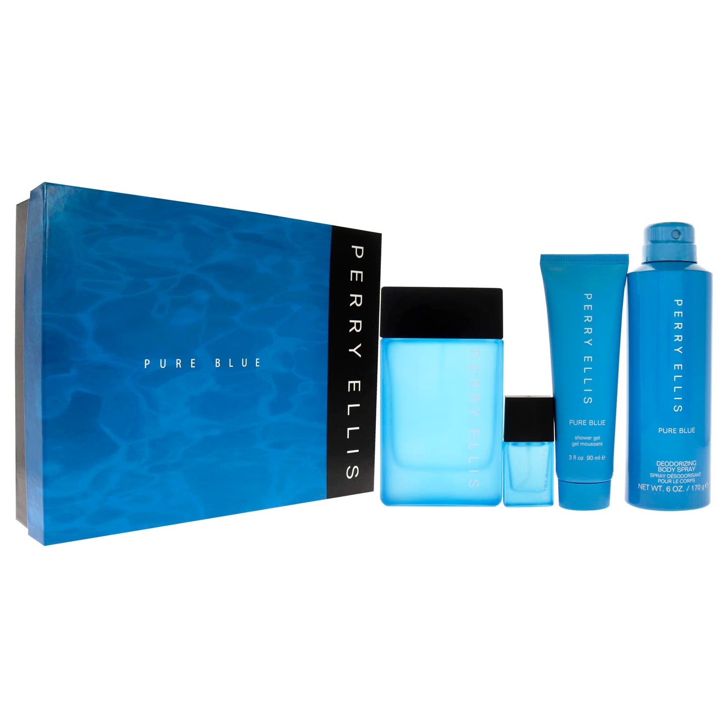 Perry Ellis Perry Ellis Pure Blue 3.4oz EDT Spray, 3oz Shower Gel, 6oz Deodorant Body Spray, 7.5ml Travel EDT Spray Men 4 Pc Gift Set