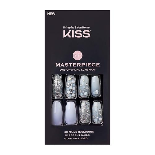 KISS Masterpiece One-Of-A-Kind Luxe Mani, Long Length, Premium Acrylic Fake Nails, Style “No.1”, with Pink Gel Nail Glue, Manicure Stick, Mini File,