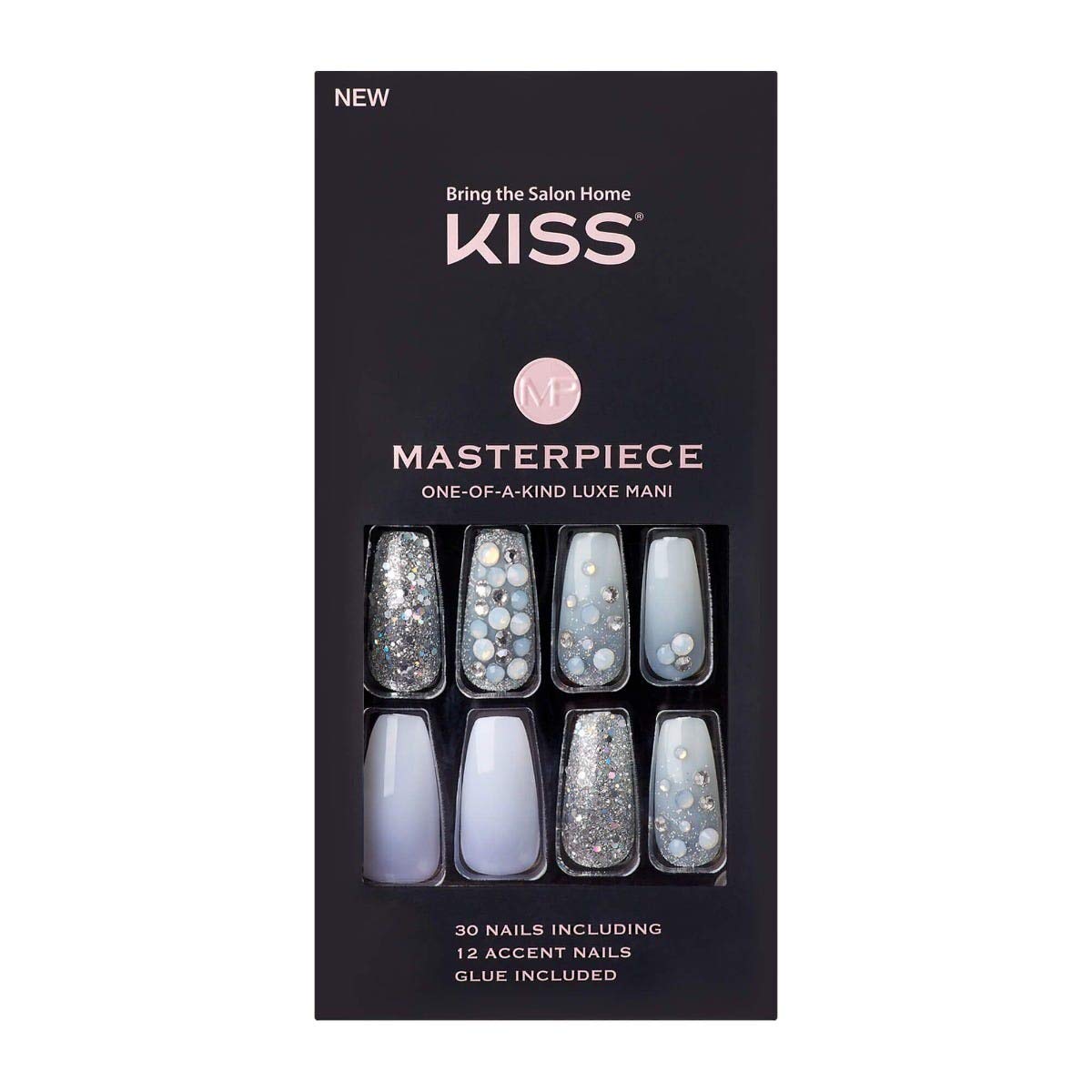 KISS Masterpiece One-Of-A-Kind Luxe Mani, Long Length, Premium Acrylic Fake Nails, Style “No.1”, with Pink Gel Nail Glue, Manicure Stick, Mini File,