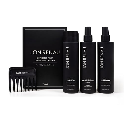 Jon Renau Synthetic Fiber Care Kit, Shampoo and Leave In Conditioner for Synthetic Wigs and Hair Extensions, Detangler Spray with Wide Tooth Comb, 4
