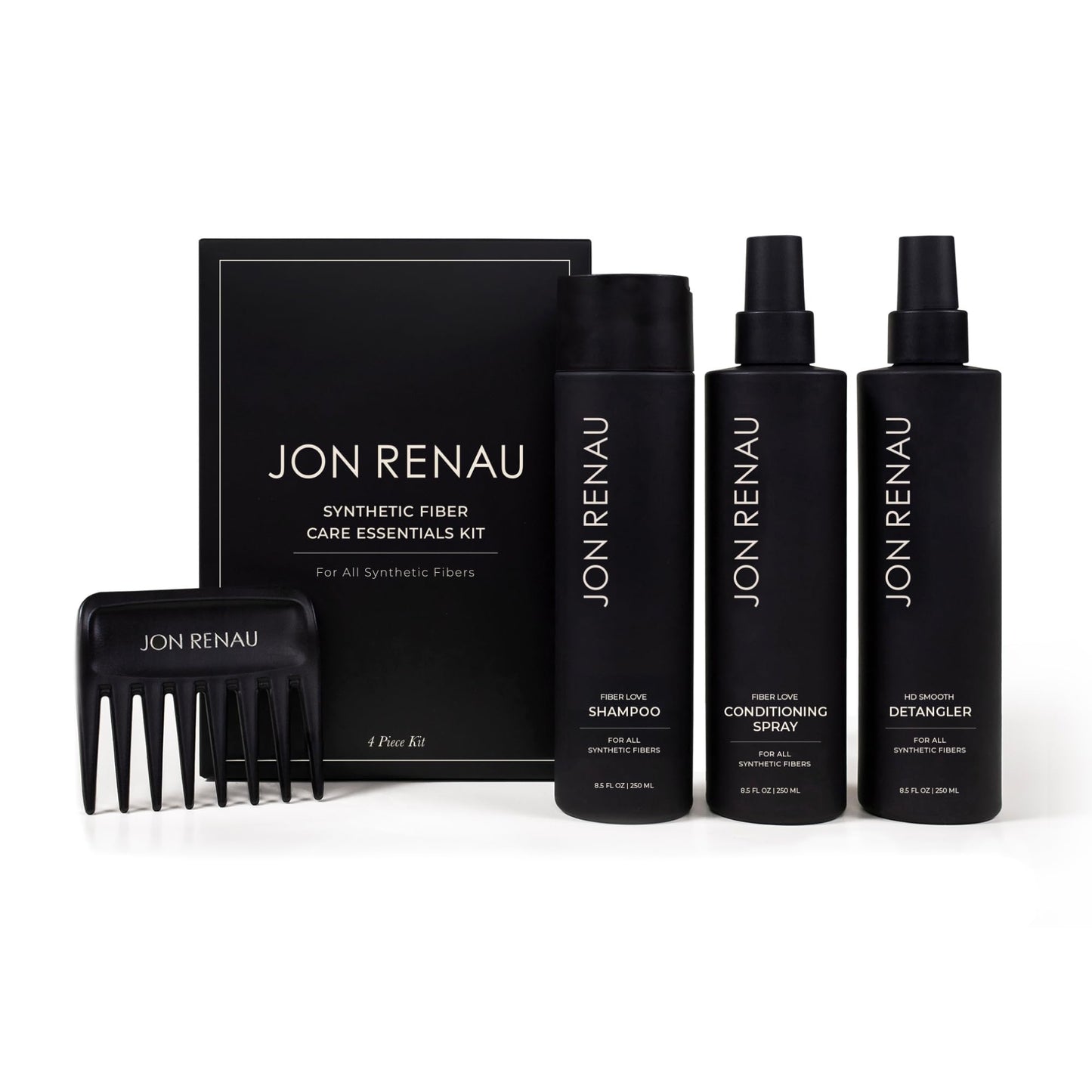 Jon Renau Synthetic Fiber Care Kit, Shampoo and Leave In Conditioner for Synthetic Wigs and Hair Extensions, Detangler Spray with Wide Tooth Comb, 4