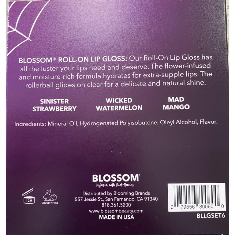 Blossom Scented Roll on Lip Gloss, Infused with Real Flowers, Made in USA, 0.3 fl. oz./9ml, 3 pack Mini Gift Set, Sinister Strawberry/Wicked