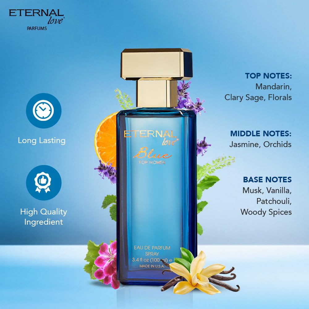 Eternal Love Blue for Women - Long Lasting Eau de Parfum Spray - Soft Powdery Floral Scent with Vanilla & Jasmine - Feminine & Alluring Fragrance