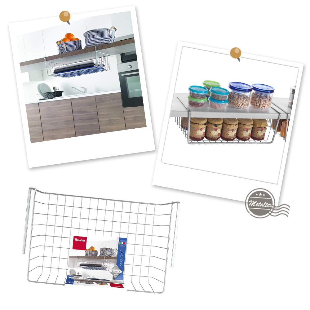 Metaltex Kanguro Cupboard Organiser, Under Shelf Storage Basket with Polytherm Coating for Long Term Use, Silver, Size: 40 cm