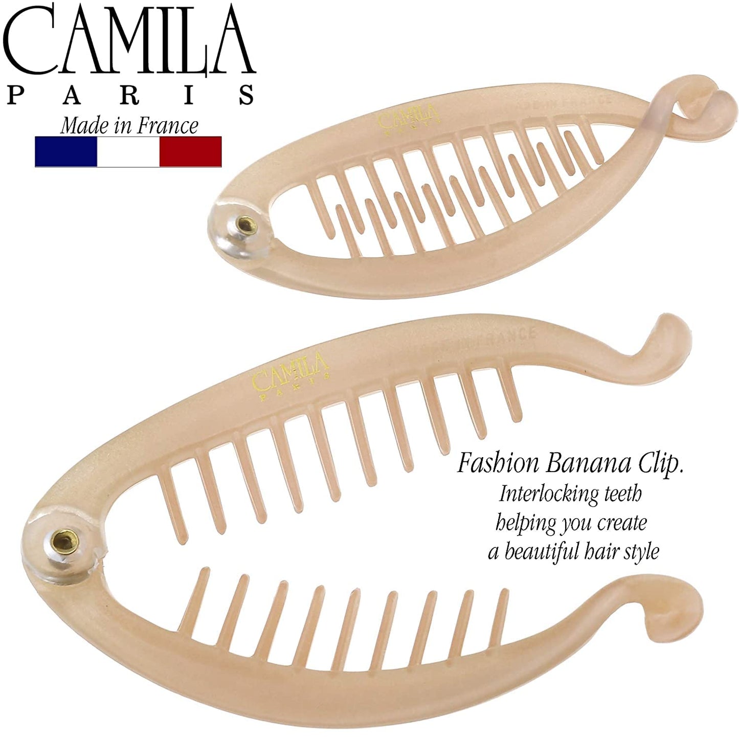 Camila Paris CP2207 2 Pack French Extra Small Banana Clip Hair Comb for Fine Hair Classic Banana Clips Hair for Thin Hair Ponytail Holder Interlocking