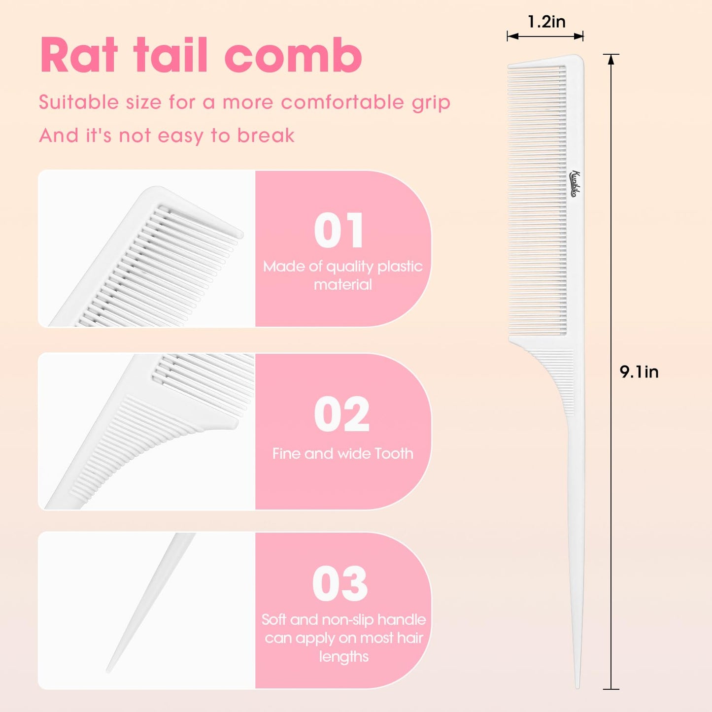 Rat Tail Comb 2Pcs Carbon Fiber Root Teasing Anti Static Tail Comb for Women, Fine Tooth Parting Tip, Hair Comb for Styling (White, Pink) Beauty and Personal Care Kunihiko