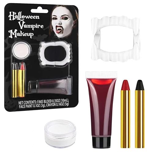 Halloween Vampire Makeup Kit, SFX Makeup Set with White Face & Body Paint, Fake Blood, Face Paint Crayons & Fake Teeth for Vampire, Zombie, Clown