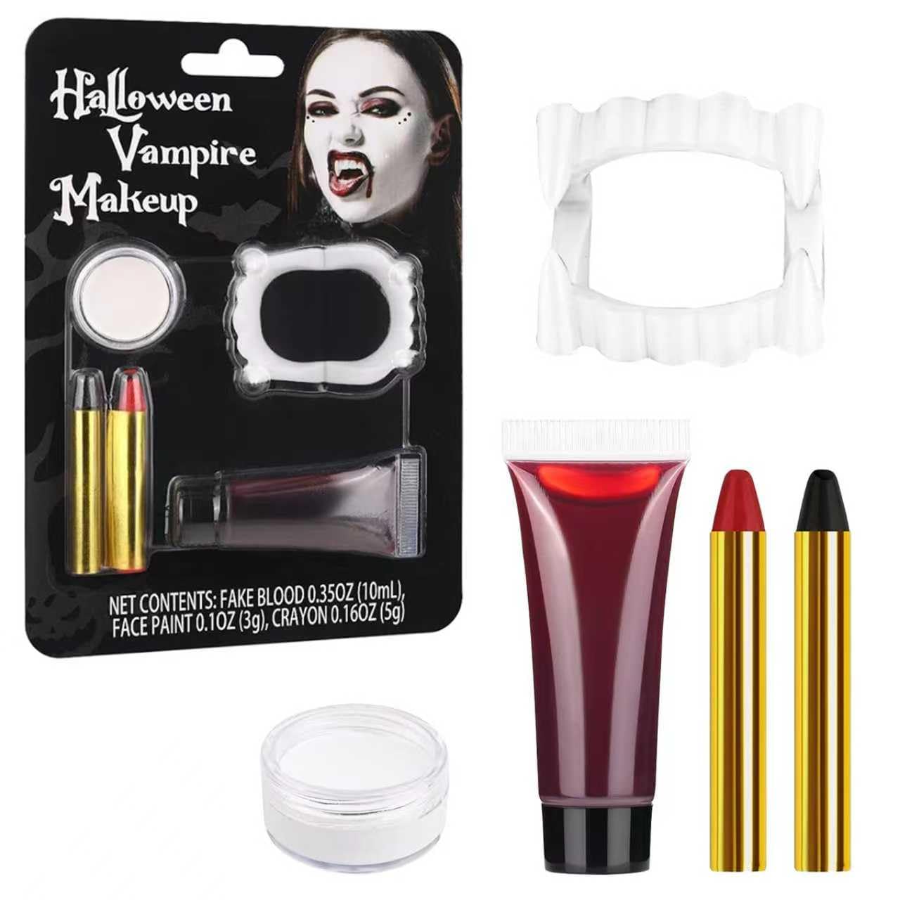 Halloween Vampire Makeup Kit, SFX Makeup Set with White Face & Body Paint, Fake Blood, Face Paint Crayons & Fake Teeth for Vampire, Zombie, Clown