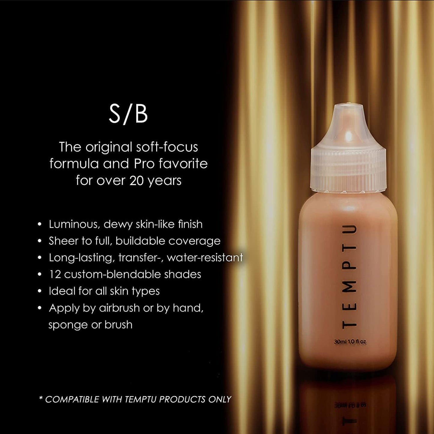 TEMPTU S/B Silicone-Based Airbrush Foundation: Professional Long-Wear Liquid Makeup, Sheer To Full Coverage For A Hydrated, Healthy-Looking Glow
