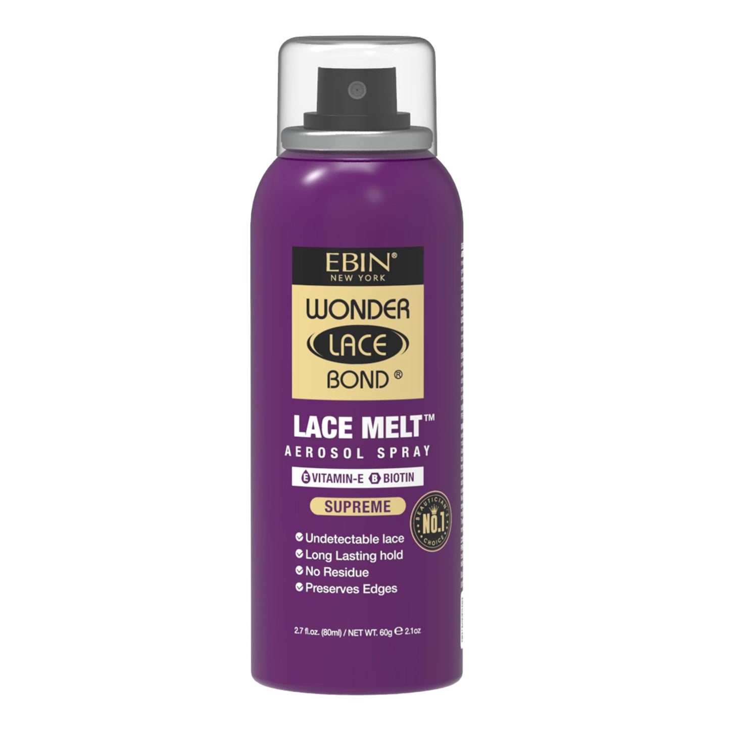 Wonder Lace Melt Aerosol Spray - Vitamin E Biotin Infused 2.7 fl.oz./80ml Preserves Edges & Undetectable Lace Long lasting hold No Residue glueless